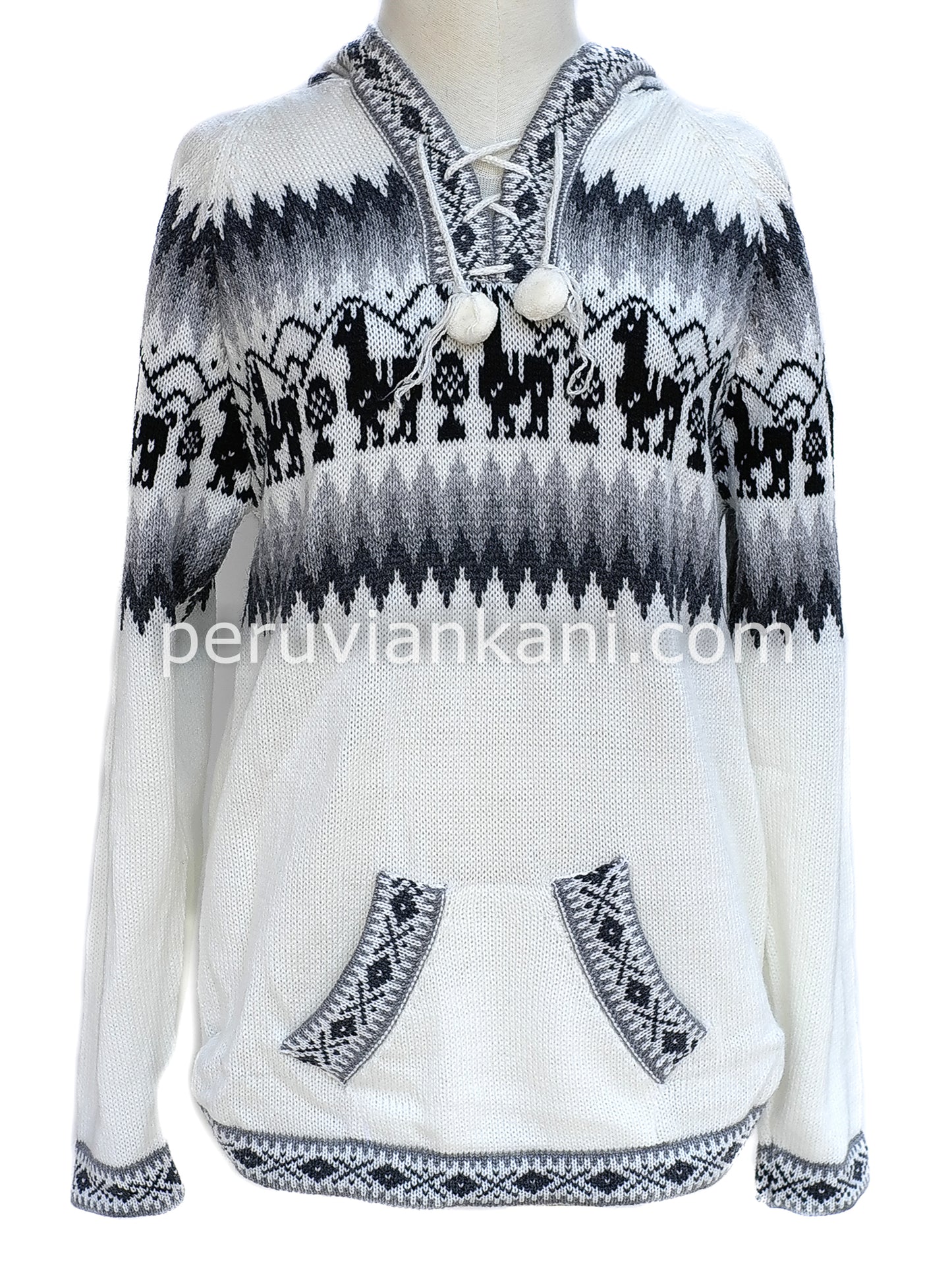 Alpaka Kapuze weiß/grün - Pullover Alpaka