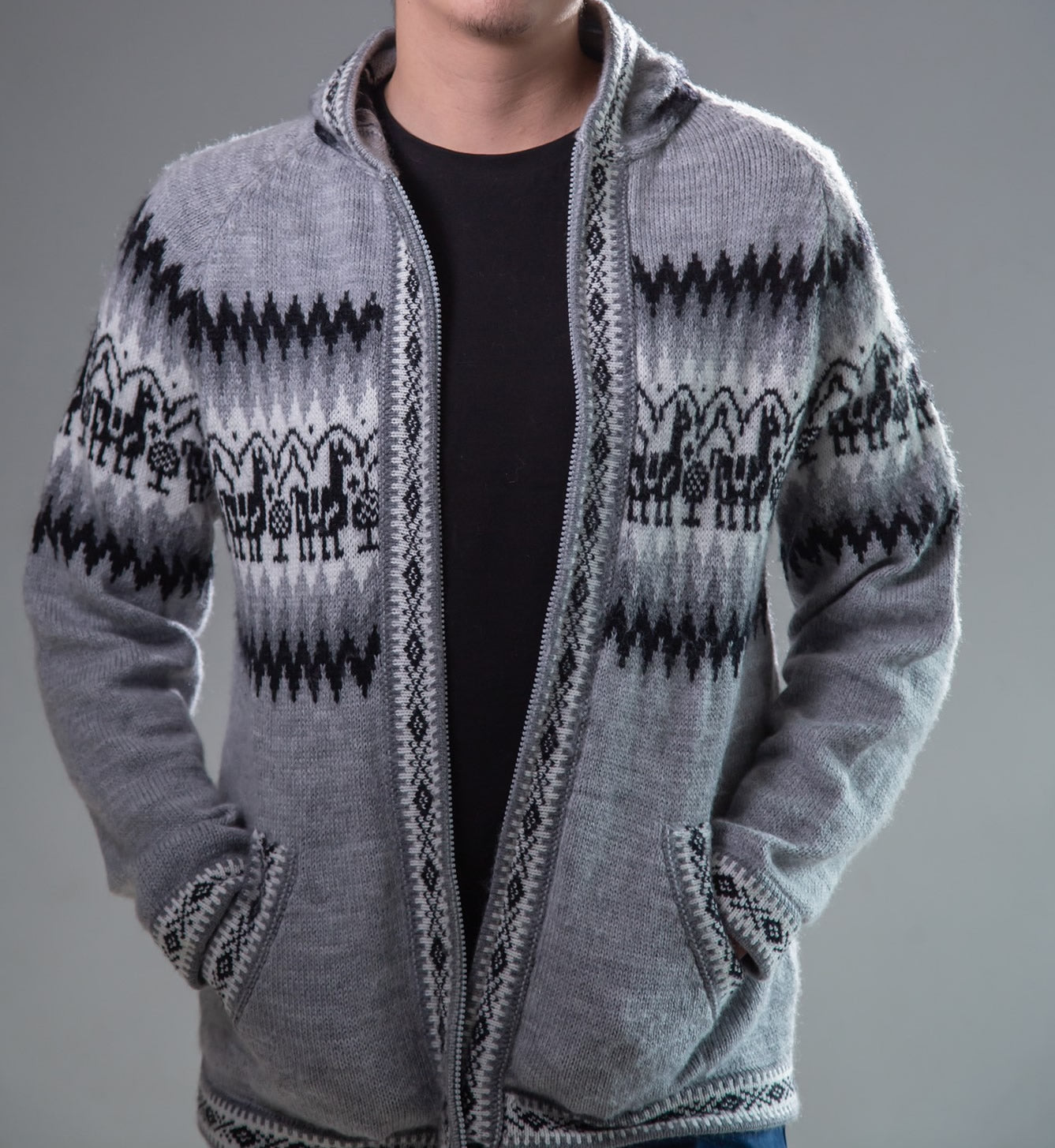 Alpaca Wool Knitted Jacket Sweater Gray