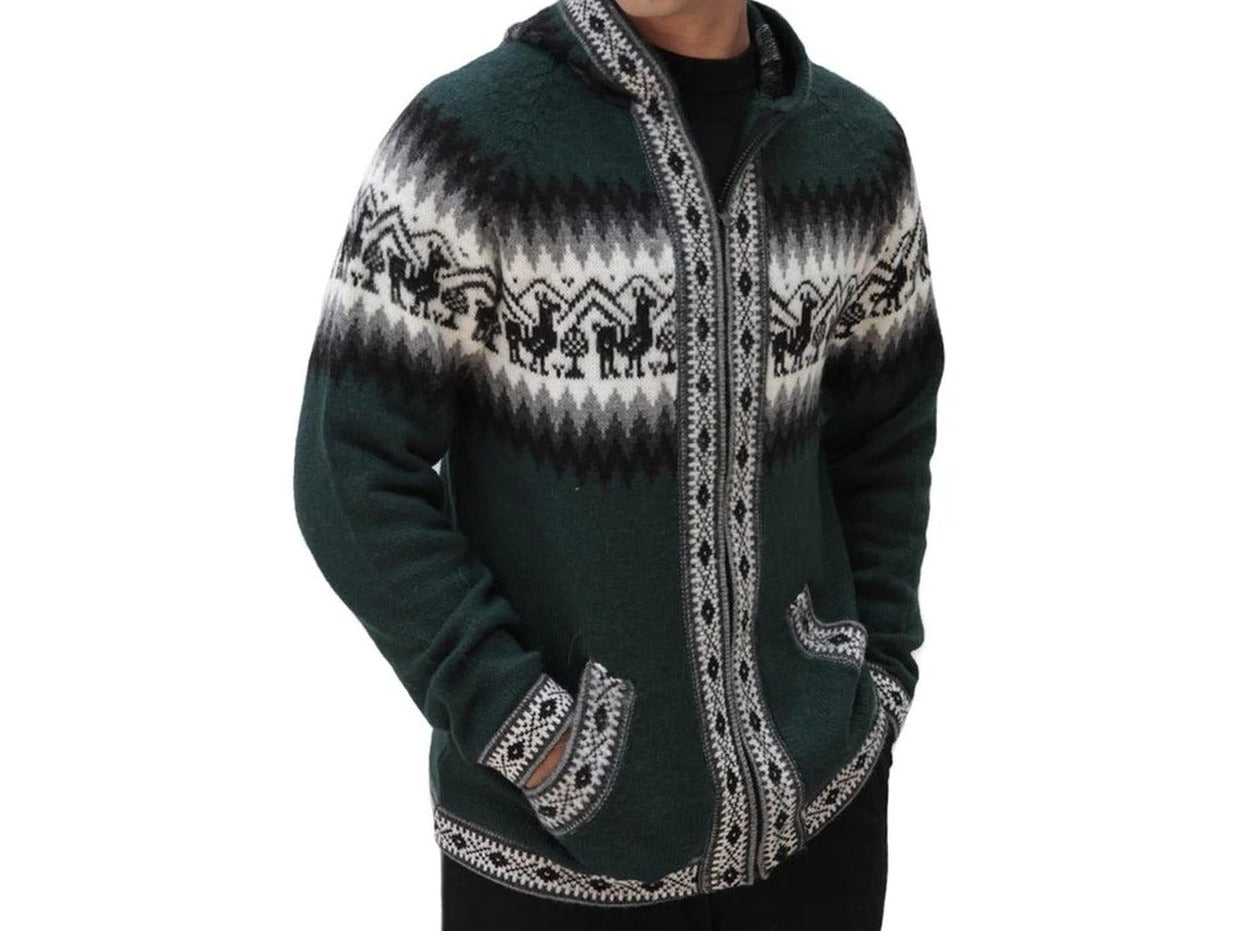 Alpaca Wool Knitted Jacket Hoodie Green