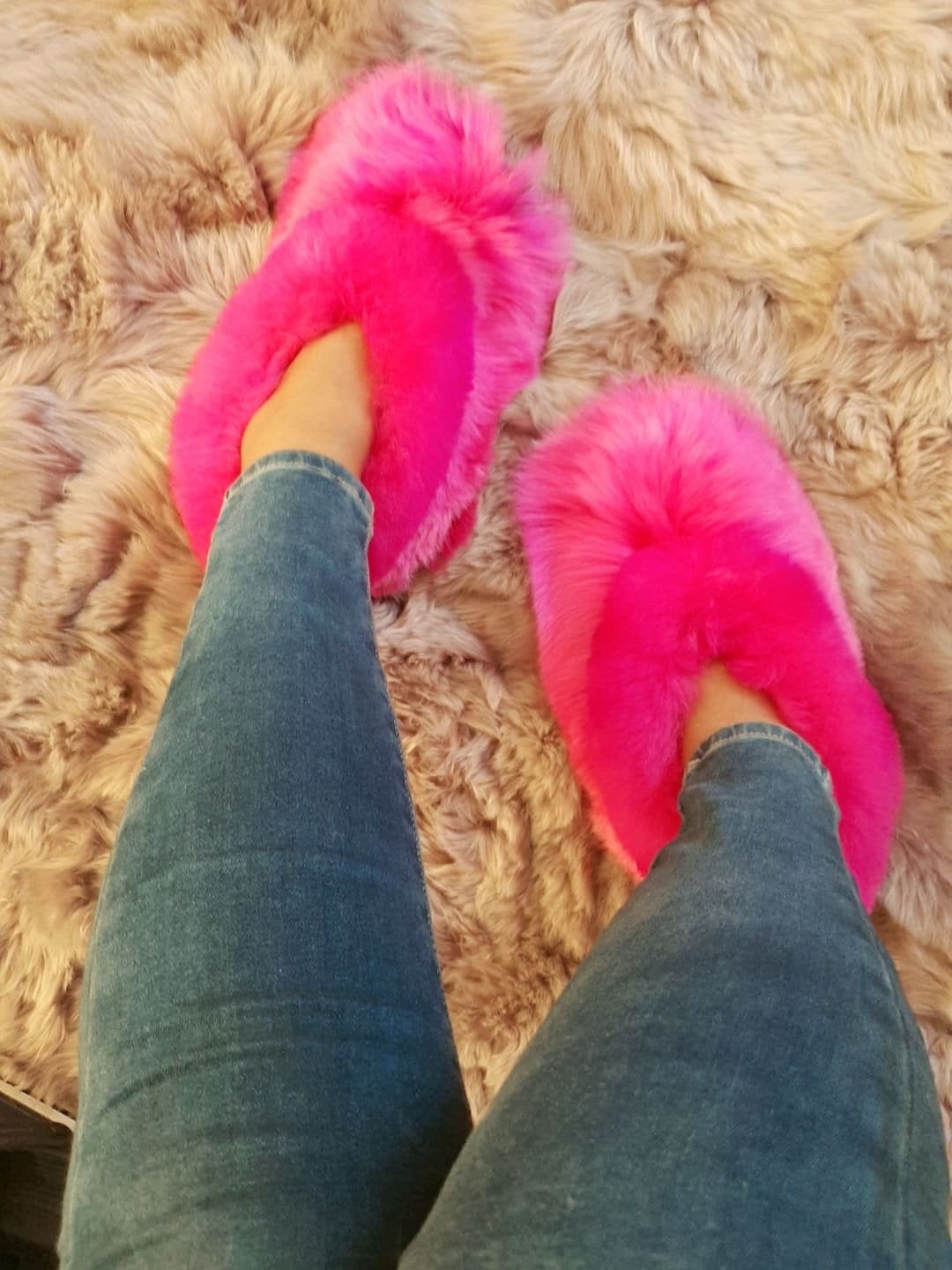 New alpaca fur slippers Pink